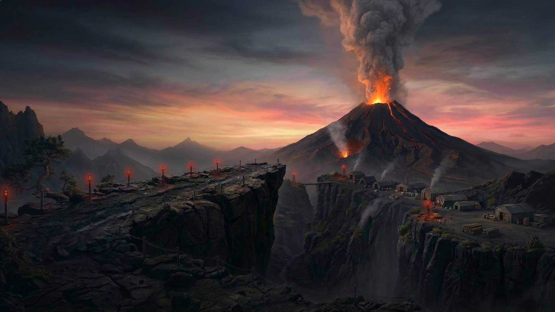 BFOE story world artwork for The Burning Mountain, showing a volcanic adventure landscape under threat